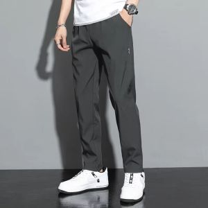 New Ice Silk Men Pants 2025 Summer New Black Gray Thin Business Casual Pants Outdoor Elastic Breathable Straight Leg Sweatpants
