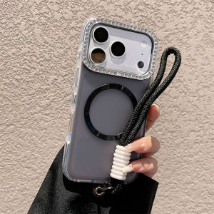 Luxury Lanyard Transparent Magnetic Phone Case for iPhone 17 16 15 14 Pro Max 13 Glitter Diamond Lens Frame Protection Cover