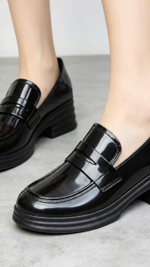Ladies New Slip-On Rubber Black Loafer Shoes Glossy Finish Sapatos Pambabae Non Slip Durable Formal Footwear