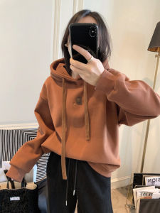 เสื้อสเวตเตอร์ฮู้ดผ้าขนแกะแฟชั่นสำหรับผู้หญิง ฤดูใบไม้ร่วง/ฤดูหนาว ทรงหลวม แขนยาว ปกติ คอกลม กระดุมเดียว