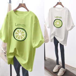 เสื้อยืดแขนสั้นสีเขียวมะพร้าวสำหรับผู้หญิง ทรงหลวม สไตล์เกาหลี ลายส้ม แฟชั่นฤดูร้อน เสื้อยืดคอกลม ผ้าโพลีเอสเตอร์