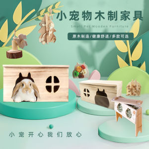 Wooden House Rabbit Chew Board Hideaway Mouse Tooth Grinding Supplies Guinea Pig Small Pet House Wood Grass Rack Cage Decor