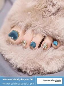 MONLEYTA | Short Design Nail Tips With Diamond Stickers Wearable Toe Nail False Nails Manicure Finished Product High-End Feelings