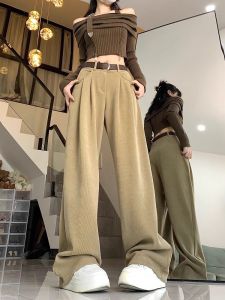 Corduroy Casual Pants Womens Fall and Winter Drooping Straight Mop Trousers and Suit Pants High Waist Loose and Slimming Wide-Leg Pants
