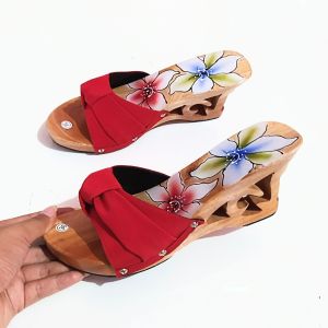 sandal wedges natural airbrush 7cm sanggul / sandal kelom geulis wedges natural / sandal kayu elegan