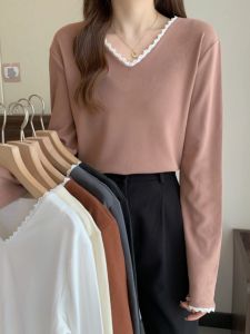 150.00kg Plus Size Womens Clothing Dralon Fleece-lined V Neck Belly-Covering Shirt Womens Oversized Girls Top Fall and Winter New Arrival Long Sleeves T-shirt