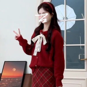 Red Plaid Mini Dress And Jacket Set for Women Spring 2025 New Year Fashion High Quality Short Skirt Long Sleeve round Neck