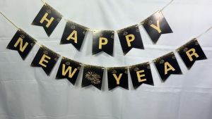 Happy New Year Banner Pull Flag Hanging Black With Gold Letters for Christmas New Years Eve Party Decorations
