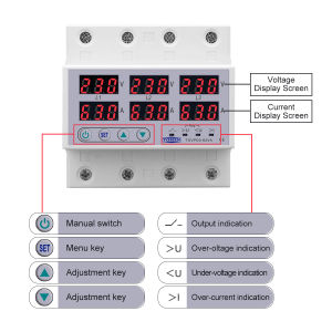 TOMZN 3 Phase 4 Wire Voltage Current Protection Relay Adjustable Over Under Ammeter Monitor 3P+N Din Rail Protector