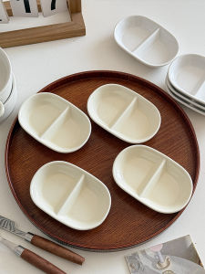 Mune Cream Style Ceramic Seasoning Plate Two Grids BBQ Hot Pot Dipping Sauce Oval Small Plate Home Use Handmade Porcelain