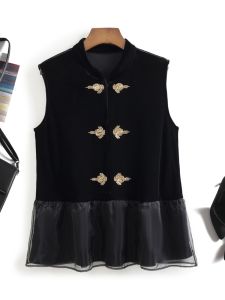 Elegant Velvet Vest Womens Collared Patchwork Design Beaded Single Button Closure Solid Color Commute Style Chinese New Style