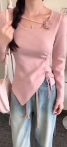 ST182 Free Size Women Flower Tops Solid Flower Knitted Shirts Long Sleeve Round Neck Slimmer Tops