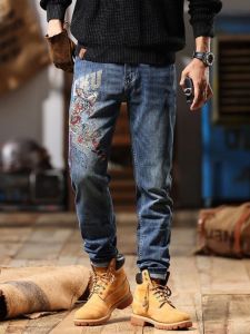 Heavy Embroidery Casual Slim Fit Mens Jeans Elastic Trendy Versatile High End Comfortable Long Pants Youth Pop Water Wash
