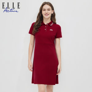 Elle Active Outdoor Polo Dress Slim Fit A-Line Red Casual Wear Polyester Spandex Blend Summer Season Short Sleeve Midi Dress