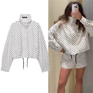 Polka Dot Print Short Coats Womens High Street Long Sleeve Jackets for Women 2025 Elegant Office Ladies Casual Outerwear