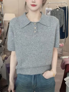 QINGNAER | Grey Partially Opened Button Polo Neck Short Sleeve Slim Fit Knit Shirt Large Size Styling Flattering