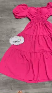 Đầm thời trang nữ mặc đi chơi chất lụa 100D cổ vuông tay búp phồng nhún eo váy xoè maxi dài qua gối 4 màu QC