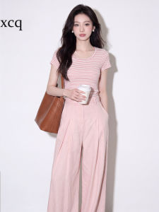 XUECAIQI | Matched Set Korean Style Pink Striped Short Sleeve Top and Wide Leg Pants