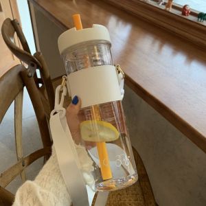 LE  [FREE GIFT] 800ML Large Capacity Simple Plastic Water Bottle With Straw Portable Bubble Tea Infuser Filter Girl Student Juice Drinkwater Cup