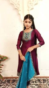 Vichitra Silk Girls Grand Anarkali Kurtis With Pant And Dupatta