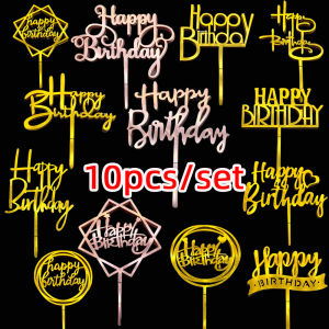 10 Pcs Rose Gold Happy Birthday Cake Topper Silver black Simple Design Acrylic Cake Toppers Baby Shower Party Dessert Decoration
