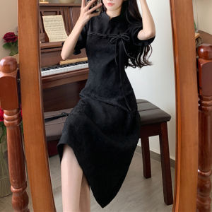 Elegant plus Size Chinese Style Floral Embroidery Cheongsam Dress Womens Belly Concealing Slimming Summer Long Dress