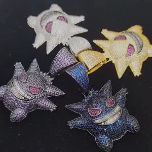 Gengar Necklace Geng Ghost Pendant Zircon Silver Gold Hip Hop Cuban Chain Charm Mens Rock Party Jewelry Gift