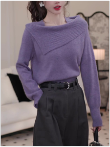HUOLISI | Purple One-Shoulder Turn-Down Collar Long Sleeve Knit Sweater