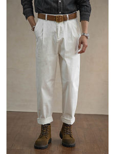 ย้อนยุค สไตล์อเมริกัน Chino กางเกง หลวม รูปร่างกรวยพอดีล้างจาง ยืดได้ ลำลอง กางเกงขายาว สําหรับผู้ชาย ฤดูใบไม้ผลิ ฤดูใบไม้ร่วง สีขาว ชุดทํางาน