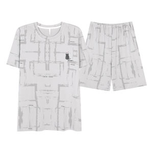 miiow | Mens Summer Lightweight Short Sleeve Sleepwear Set Loose Fit Pure Cotton Home Clothes Catman Casual Printed Round Neck Shortie