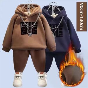 Winter Boys Padded Sets Childrens Thicken Suit Autumn Fleece Hooded Sweatshirt Sweatpants 2 Pieces Kids New Warm Outfit