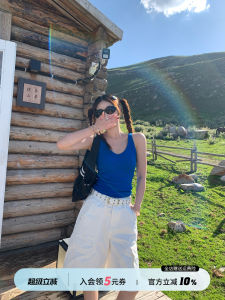 Susu Three Three Klein Blue Strap Vest Womens Inner Wear 2025 New V-neck Spicy Girl Top with Chest Pad Backless Holiday Style Slim Fit