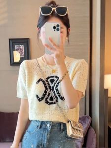 French Heavyweight Diamond Embroidery Ice Silk Short Sleeve T-Shirt Women Summer New Style Fashionable Versatile Hollow Knitted Top