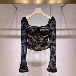 Áo Ren Cổ Vuông Dài Tay Thắt Nơ Ôm Vừa Vặn Gợi Cảm Mùa Xuân 2025 Phong Cách Mới Cho Nữ Chất Liệu Polyester Thường Ngày