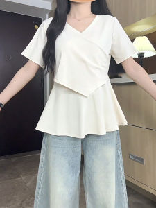 Loose Casual V-Neck Short Sleeve T-Shirt Womens Thin Edge Belly Covering Summer Top plus Size Comfortable Breathable Sweatshirt