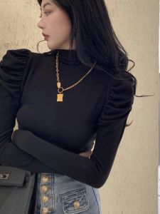 Womens Half Turtleneck Slim Fit Inner Wear Chic Bottoming Shirt Fall and Winter New Arrival Retro Puff Sleeve Easiest for Match T-Shirt Shoulder Tops
