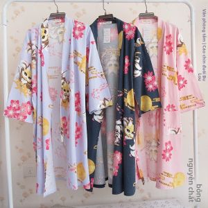 Áo Choàng Tắm Phong Cách Nhật Bản Cho Nữ Áo Choàng Mỏng Mùa Hè Áo Choàng Cardigan Cổ Chữ V Áo Ngủ Dài Cotton Nguyên Chất Mặc Nhà Dễ Thương
