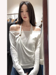 Áo Thun Cotton Dài Tay Ôm Vừa Vặn Phong Cách Hàn Quốc Cổ Điển Ngọt Ngào Cay Nồng Pure Desire Một Bên Vai Nối Dài Mùa Thu Mới