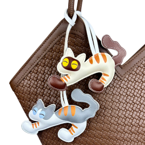 Playful Grey & Brown Leather Cat Keychains - Adorable Handmade Bag Charm/Keychains for Cat Lovers/Kids/Women-Ideal Gift