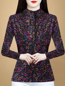 MAIMEI | Stylish Autumn Winter Floral Print Fleece Lined Stand Collar Top For Middle Aged And Elderly Women Beautiful And Youthful