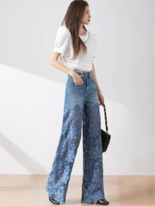 สูง เอว ขากว้าง กางเกง ผู้หญิง ฤดูใบไม้ผลิ ฤดูร้อน ทันสมัย เรียบหรู หลากหลาย ลูกไม้ประกบ เดนิม กางเกงยีนส์เดรปทรงตรง