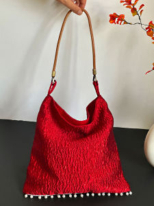 Red Wedding Bag Womens Large Capacity Underarm Shoulder Canvas Bag Elegant Style Detachable Strap Soft Leather Handbag