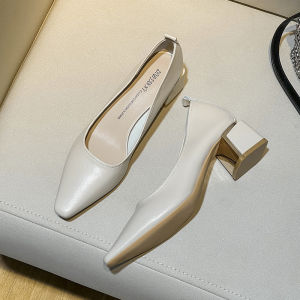 French Style Square Head Thick Heel Single Shoes Womens Commuter Work Shoes Black High Heels Soft Leather Comfortable Professional Shoes