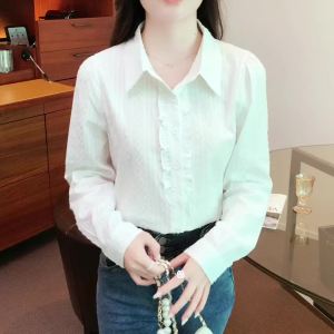 AMMIN Korean Style Sweet Ruffled Single-Breasted Cotton Shirt Womens 2024 Autumn Loose Lapel Long Sleeves Jacquard Texture Elegant Blouse