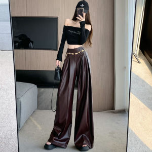 Retro Fancy Black PU Leather Loose Pants Female Autumn Stylish Chain High-Waisted Trousers Drape Draggle-Tail Straight Trousers