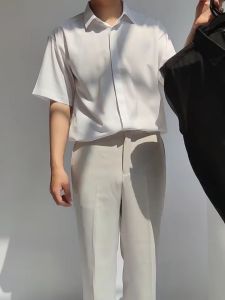 HUILISHI Korean Oversized Fashion Plain Button Mens short sleeve Shirt