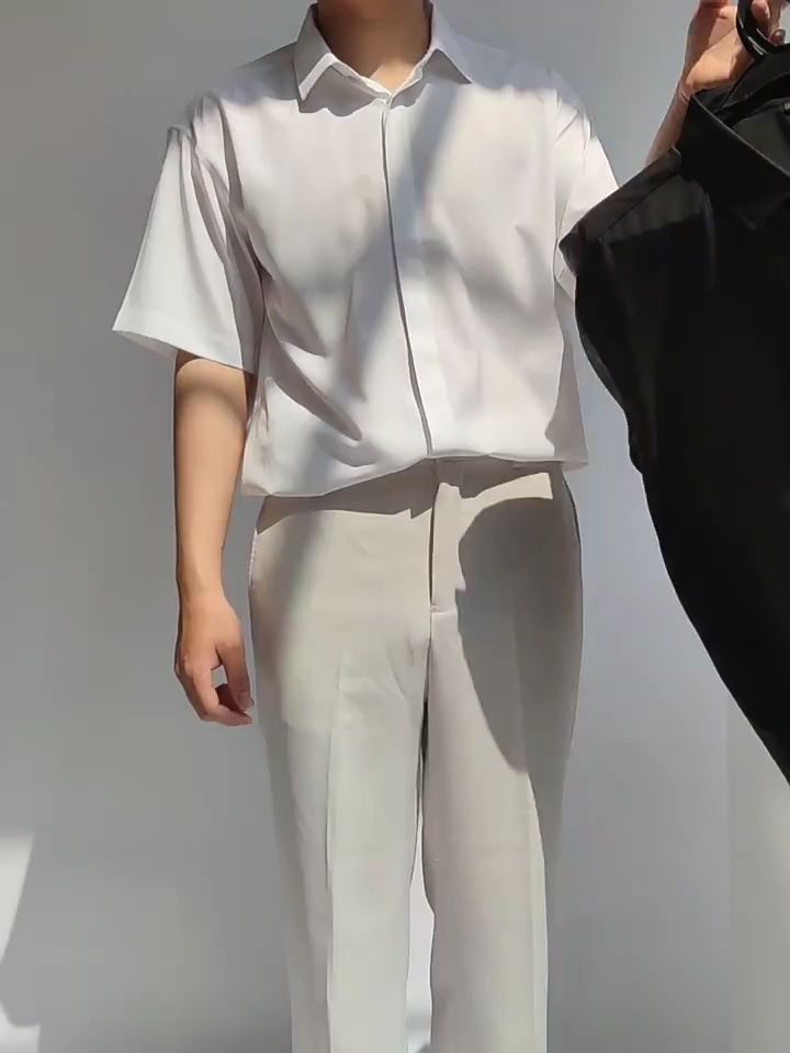 HUILISHI Korean Oversized Fashion Plain Button Mens short sleeve Shirt