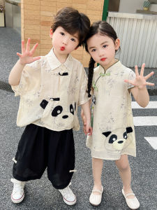 Summer Two-Piece Set for Boys And Girls in Cheongsam Style Lake Zhejiang Childrens Clothing Quick Dry Breathable Cotton Blend