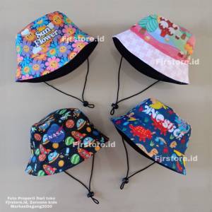 Topi Bucket Hat Anak Bayi Motif Prin Pakai Tali Leher Untuk Usia 4 Bulan Sampai 3 Tahun - Bucket Anak Bayi Laki laki - Bucket Anak Bayi Perempuan - Bucket Hats Anak Lucu