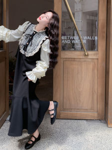 Black Artistic Splice French Style Dress Womens Autumn New Elegant Hepburn Fairy Skirt Loose Fit Long Sleeve High Waist A-Line Dress